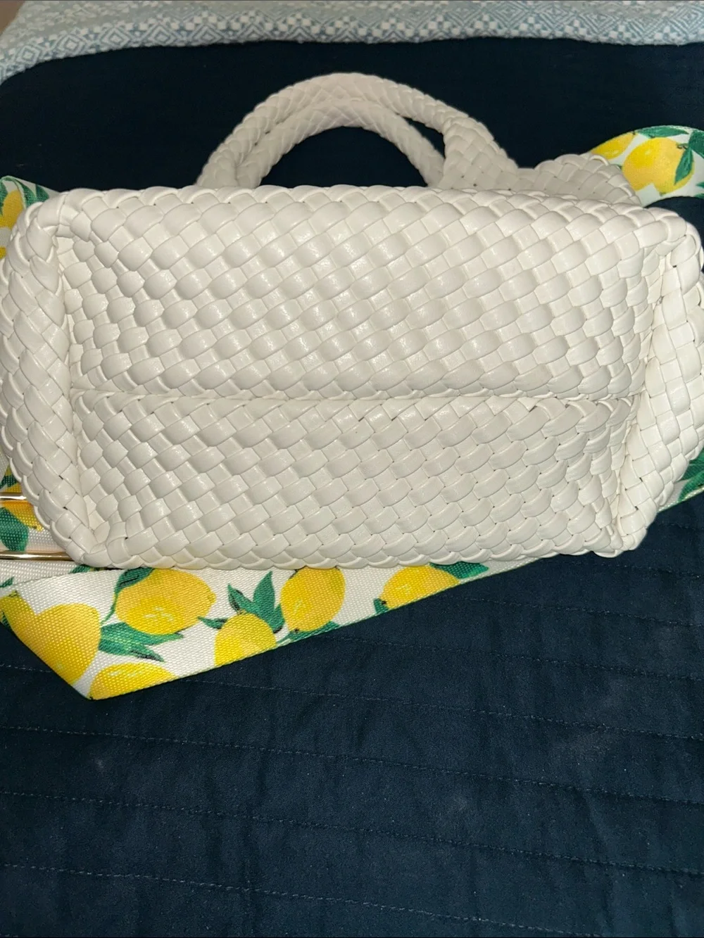 Woven White Shoulder Bag with Lemon-Print Strap